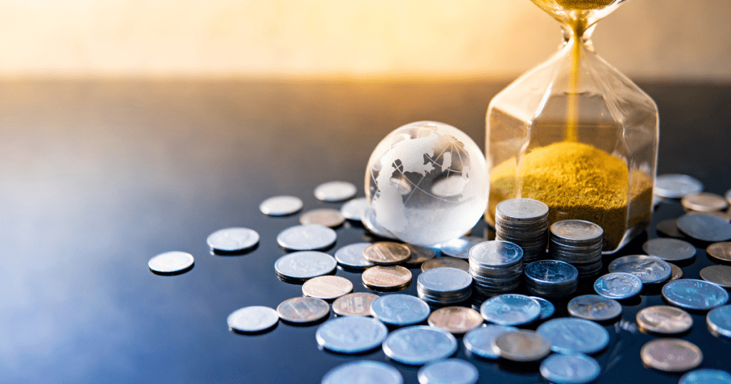 a tax advisor guiding you through scattered coins, an hourglass, and a globe, symbolizing the importance of seeking professional assistance in navigating international financial matters and ATO's offshore disclosure initiative.