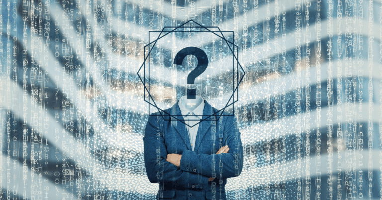 A silhouette of a man's body with a question mark in place of the head, standing against a backdrop of digital symbols. Our accounting firm in Sydney can help you navigate complex tax laws and regulations.