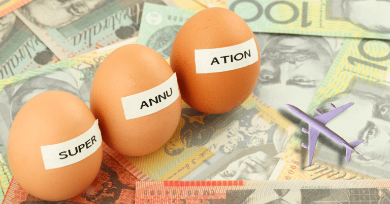 A group of three eggs with the labels "superannuation" on them are placed next to a miniature aeroplane, with dollar bills in the background. Our skilled tax accountants can help you navigate the complexities of superannuation and investments and develop a plan to secure your financial future.