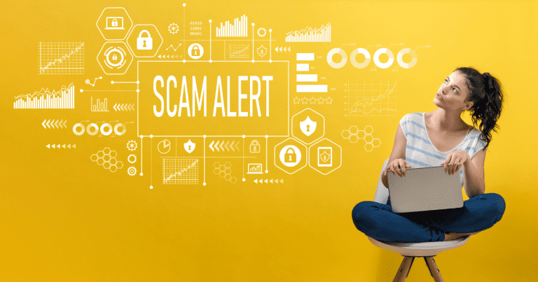 A woman sitting on a chair with a worried expression, with financial symbols and alert icons floating on her right side, and the words "SCAM ALERT" in the middle of those symbols. This image reminds the viewer to be cautious about potential financial scams and to seek the assistance of a trustworthy tax accountant.