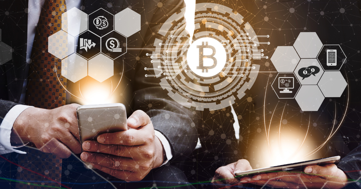 An image of two men each using their gadgets while surrounded by a watermark with cryptocurrency and digital finance themes. Our expert accountants specialising in digital finance and cryptocurrency can help you manage your finances and investments.
