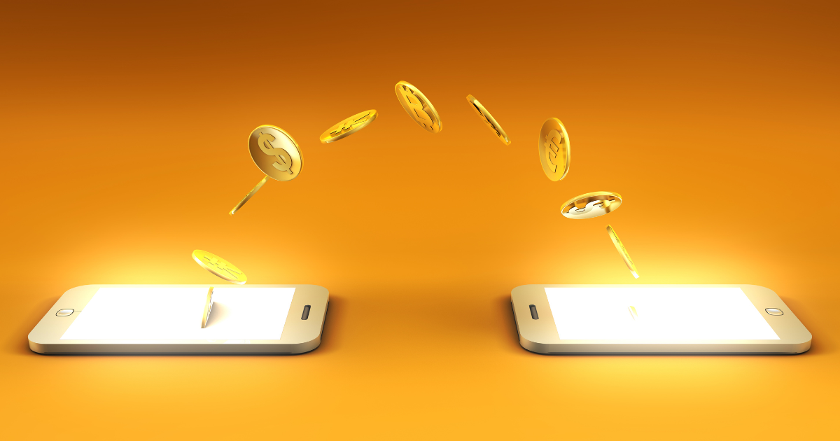 Two mobile phones are on a table with dollar coins floating and sending from one to another, highlighting the importance of using bookkeeping services to manage financial transactions efficiently and accurately, especially in cities like Sydney where the fast-paced business environment demands top-notch bookkeeping expertise.
