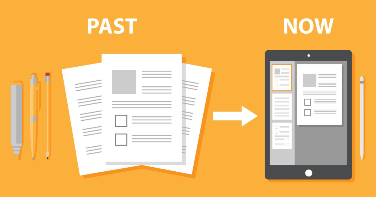An image showing the evolution of record-keeping from paper and pen to digital devices. Our small business accountants can help you make the transition to digital bookkeeping and accounting.