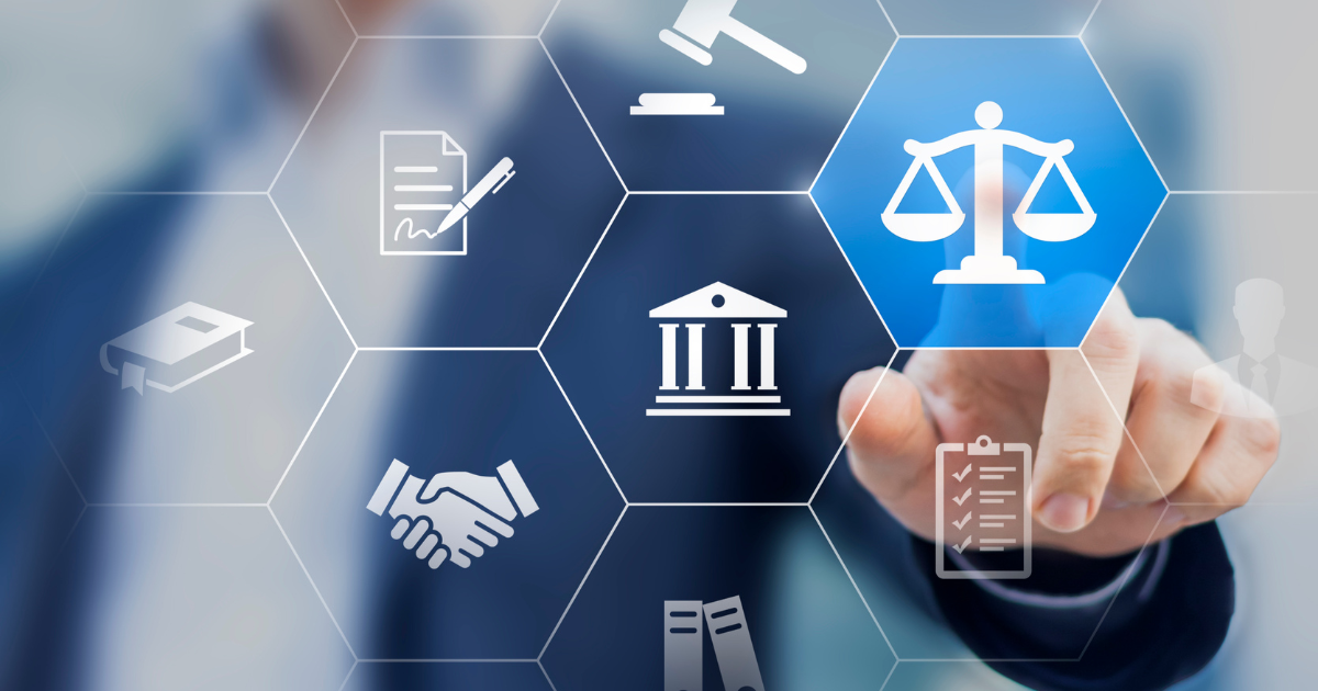 A man clicking on the scales of justice symbol, with various financial symbols and icons displayed in front of him, representing the intersection of financial law and justice. Contact our business accountant for expert guidance on navigating complex financial regulations and ensuring legal compliance.